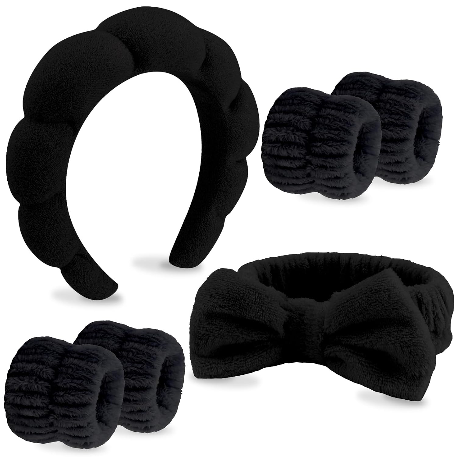 VELSCRUN 6 Pack Spa Headband, Makeup Headband, Face Wash Headbands, Skincare Headbands, Black Sponge Hair Band Bow Tie Spa Head Band for Washing Face Wristband Set Hair Accessories for Women Gifts